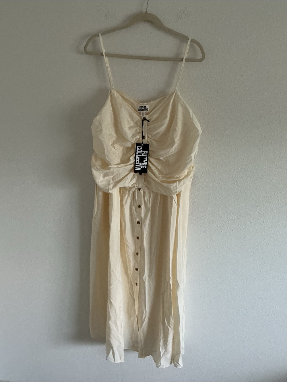 Spaghetti-Strap Cream Midi Dress with Button Front